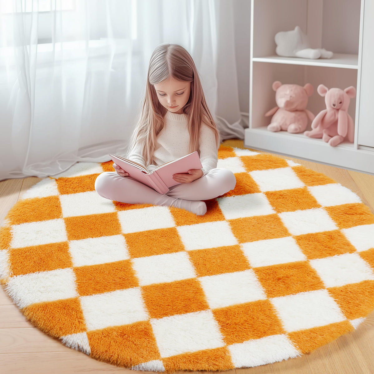 KICMOR Area Rugs 8x10 for Living Room, Large Fluffy Beige and Cream White Checkered Rug Big Fuzzy Shag Shaggy Carpets for Bedroom, Soft Plush Furry Rug for Boy Girls Room Dorm Home Decor Aesthetic