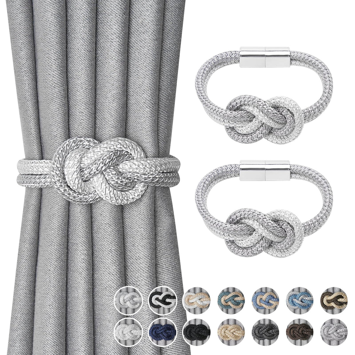 NICEEC 2 Pack Mini Magnetic Curtain Tiebacks Nordic Simple Style Drape Tie Backs Elegant Hand Weave Rope Knot Decorative Curtain Holdbacks for Home & Office Thin Window Drapery (Silver Grey)