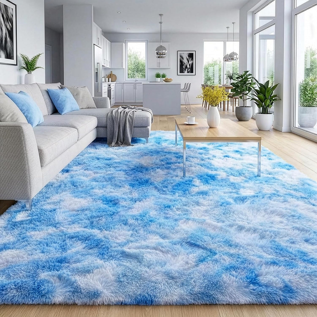 DweIke Fluffy Blue Shag Rugs for Bedroom Living Room, 4x6 Feet Soft Plush Tie-Dyed Light SkyBlue Girls Boys Kids Rug, Upgraded Non-Slip and Machine Washable Carpet for Dorm Nursery Classroom Decor