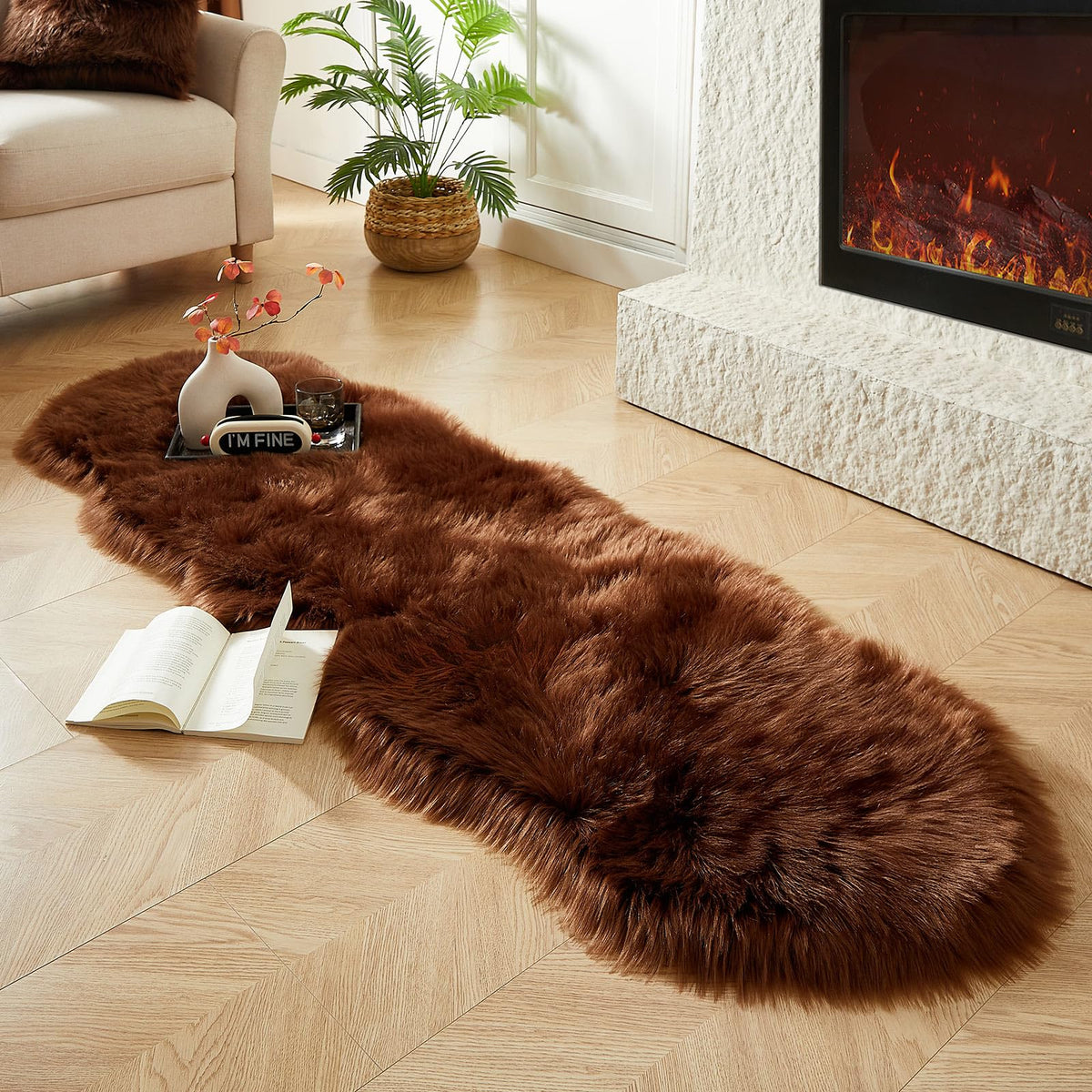 AMTOVO Faux Sheepskin Rug, Beige Ultra Soft Fluffy Shag Area Rug, 2 x 6 ft Faux Fur Rug for Bedroom Sofa Throw Cushion Room Decor, Sheepskin