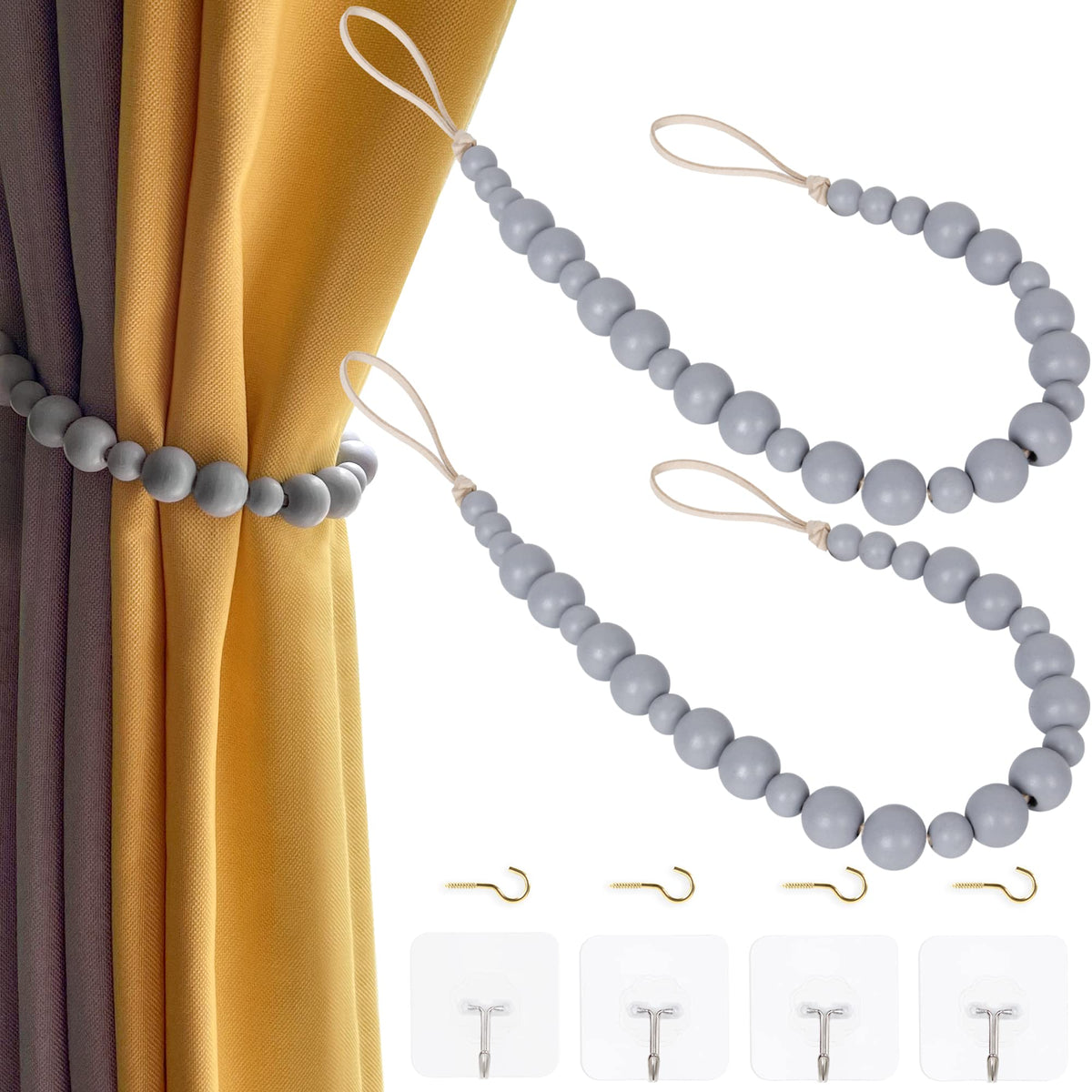2 Pieces Curtain Tieback Wood Bead Curtain Tiebacks Curtain Holdbacks for Wall Curtain Ties Window Treatment Curtain Tie Backs with Hooks Curtain Pull Backs (Coffee,2) C-1