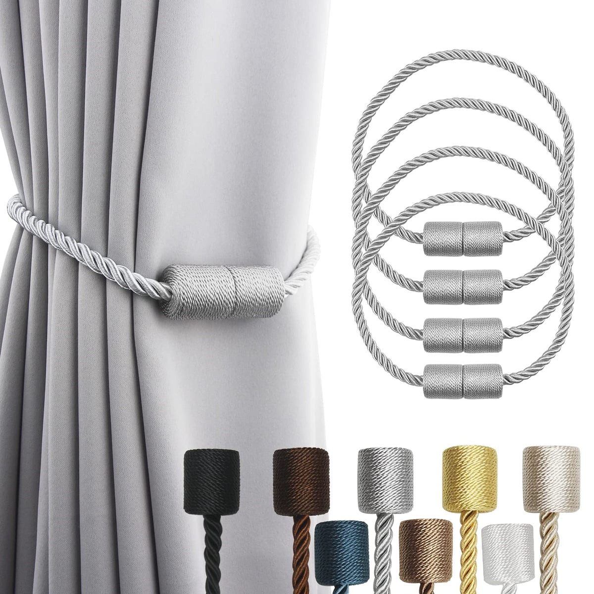 2 Pack Grey Strong Magnetic Curtain Tiebacks Outdoor Elegant Decorative Tie Backs Modern Rope Tiebacks for Drapes Window Curtain Holdbacks for Draperies