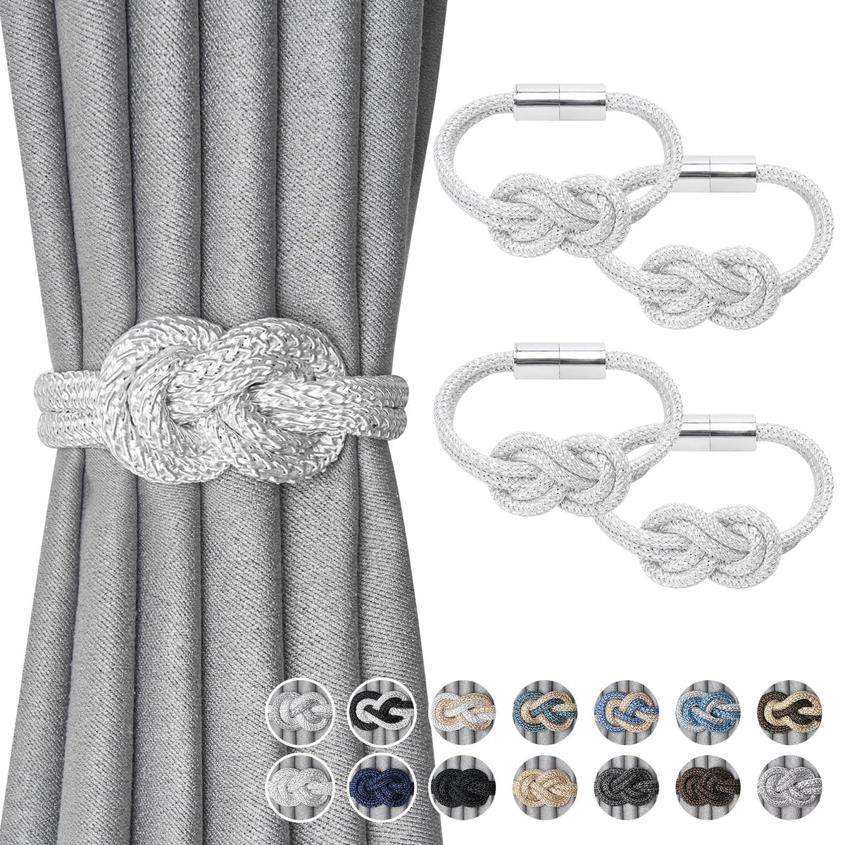 NICEEC 2 Pack Mini Magnetic Curtain Tiebacks Nordic Simple Style Drape Tie Backs Elegant Hand Weave Rope Knot Decorative Curtain Holdbacks for Home & Office Thin Window Drapery (Silver Grey)