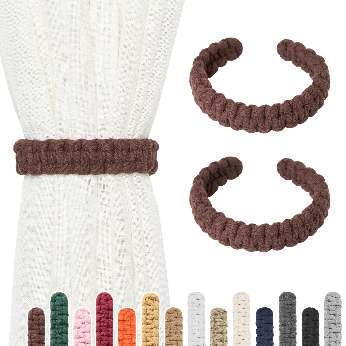 NICEEC 2 Pack Natural Cotton Rope Curtain Tiebacks Farmhouse Rustic Style Decorative Drape Tie Backs Handmade Braided Curtain Holdbacks for Home & Office Sheer/Light Weight Drapery (C-White-S)