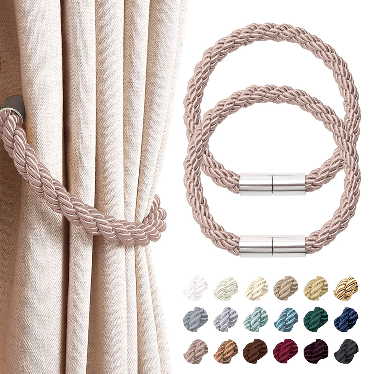 NICEEC 2 Pack Strong Magnetic Curtain Tiebacks Modern Simple Style Drape Tie Backs Convenient Decorative Weave Rope Curtain Holdbacks for Thin or Thick Home & Office Window Draperies (Beige)