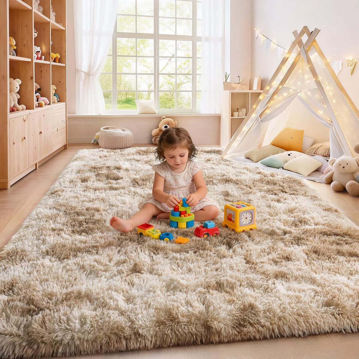 Large Living Room Area Rug 9x12Ft Shaggy Carpet Fuzzy Carpet Tie Dye Camel
