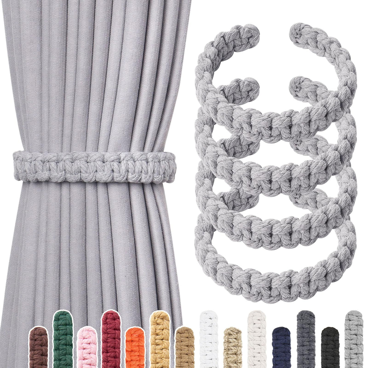 NICEEC 2 Pack Natural Cotton Rope Curtain Tiebacks Farmhouse Rustic Style Decorative Drape Tie Backs Handmade Braided Curtain Holdbacks for Home & Office Sheer/Light Weight Drapery (C-White-S)