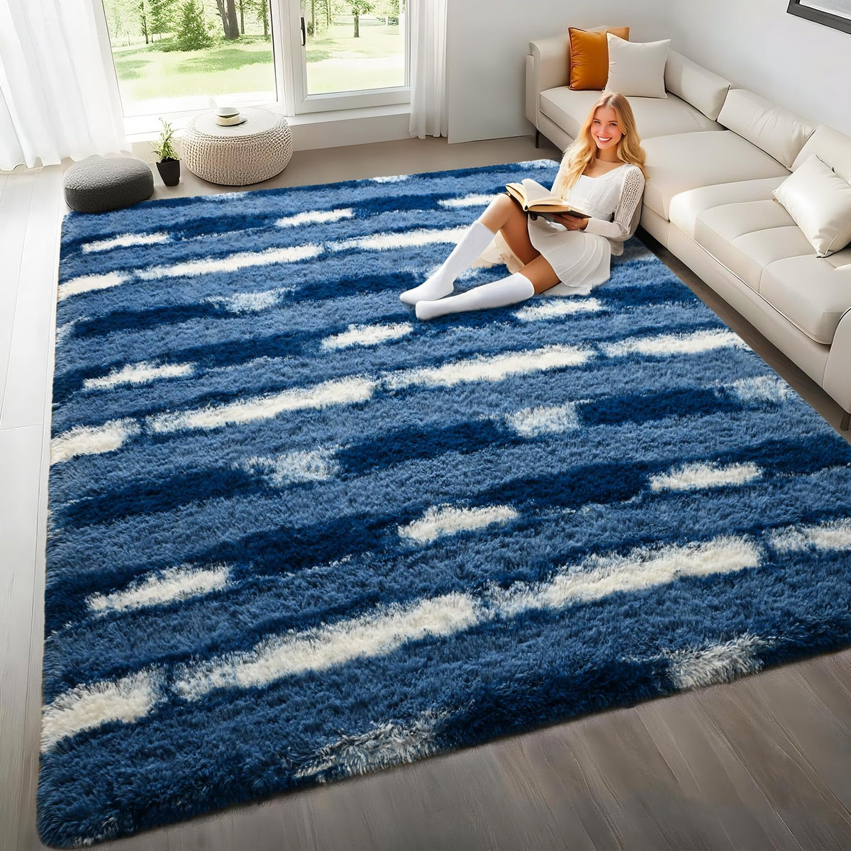 Black and White Rugs for Living Room Bedroom, 6x9 Fluffy Soft Plush Area Rugs with Non-Slip Backing, Modern Striped Shag Fuzzy Carpets for Kids Playroom Nursery Dorms Home Decor