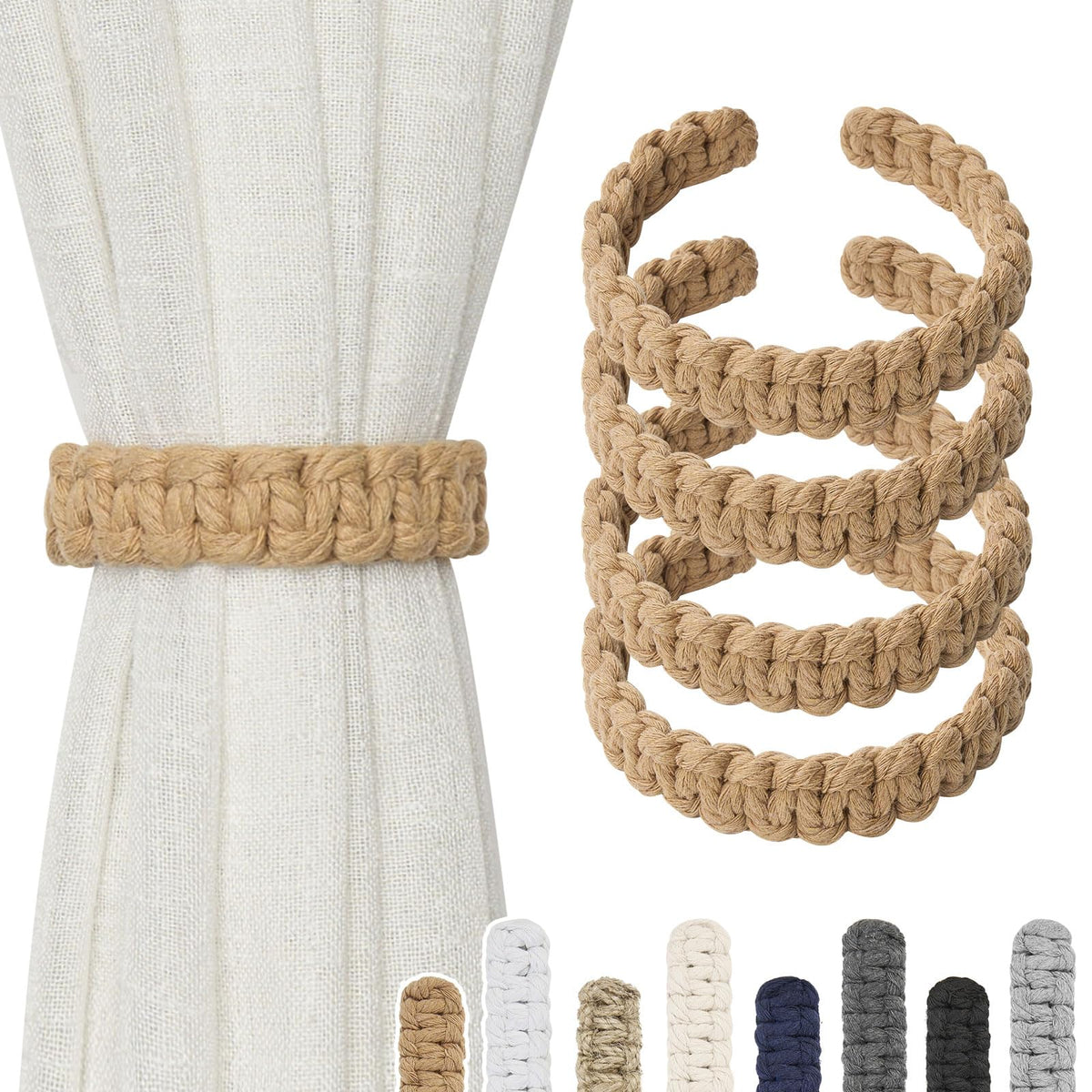 NICEEC 2 Pack Natural Cotton Rope Curtain Tiebacks Farmhouse Rustic Style Decorative Drape Tie Backs Handmade Braided Curtain Holdbacks for Home & Office Sheer/Light Weight Drapery (C-White-S)