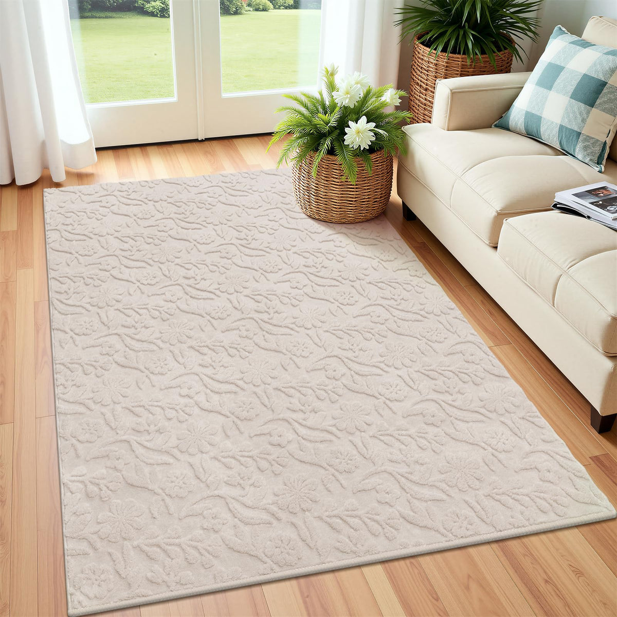 Vaukki 8x10 Area Rug for Living Room, Beige Throw Carpet for Bedroom