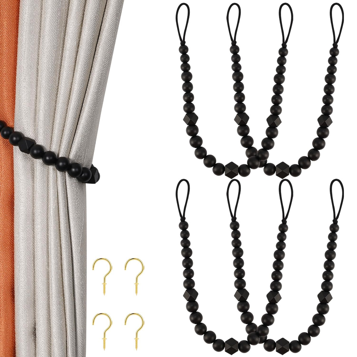 KLOGTSIND Wood Bead Curtain Tiebacks, 2 Pack Curtain Tie Backs with Hooks