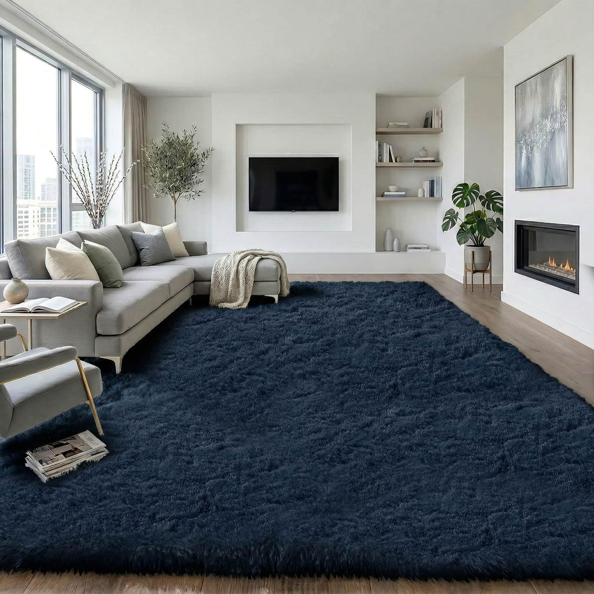 8x10 Ft Cream White Fluffy Area Rug for Living Room, Washable