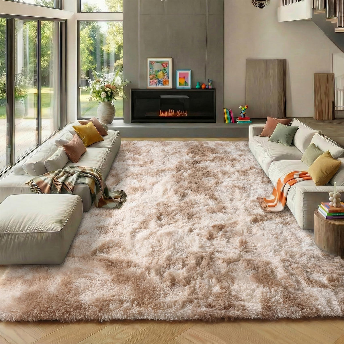 Area Rugs for Living Room Bedroom, 5x8 Fluffy Tie-Dyed Light Grey Shag Rug