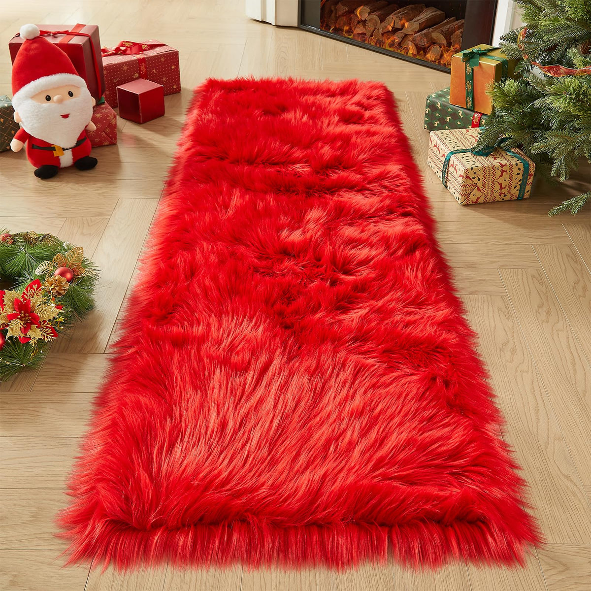 AMTOVO Faux Sheepskin Rug, Beige Ultra Soft Fluffy Shag Area Rug, 2 x 6 ft Faux Fur Rug for Bedroom Sofa Throw Cushion Room Decor, Sheepskin