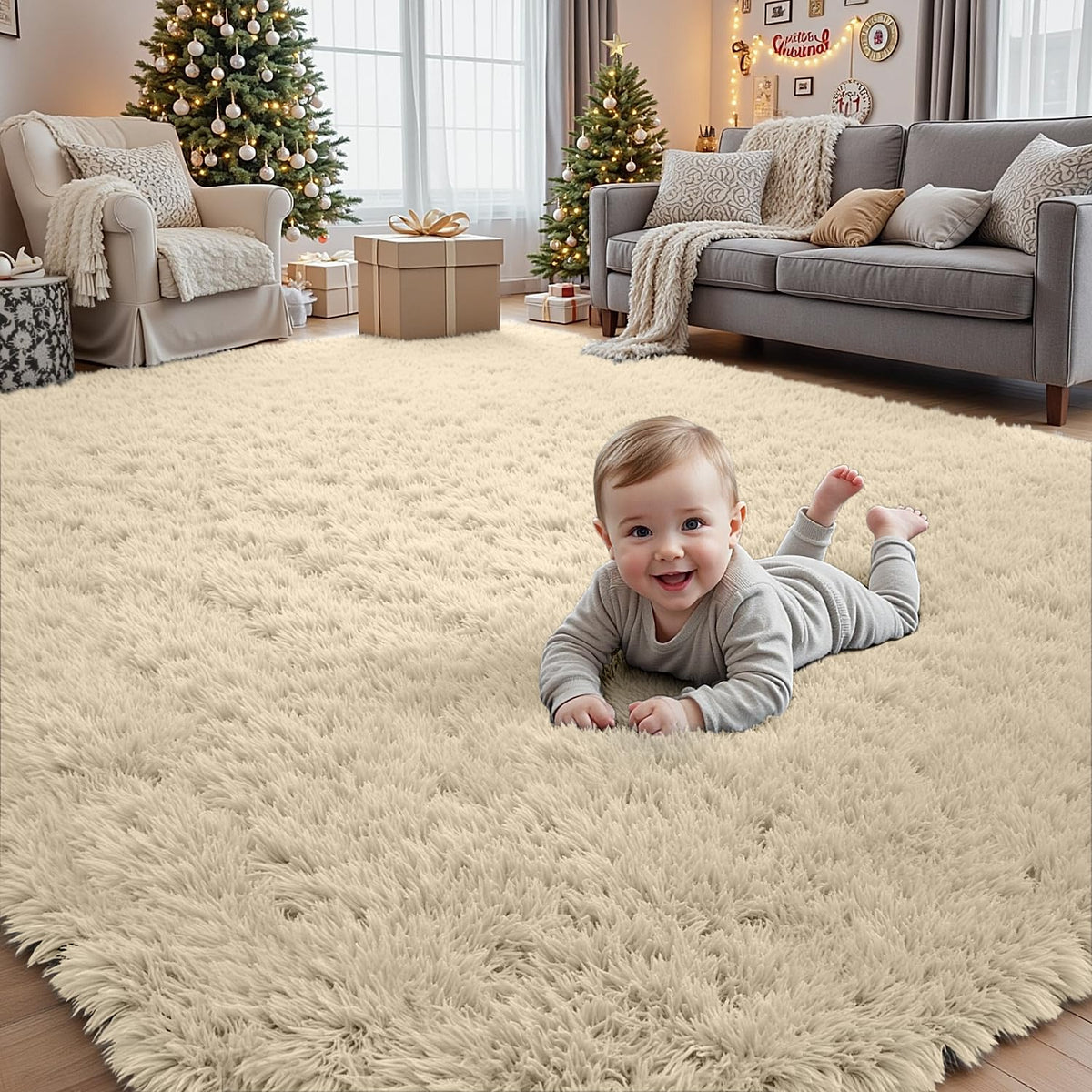 8x10 Fluffy Shag Area Rugs for Living Room Bedroom: Soft Carpet Gray Camel