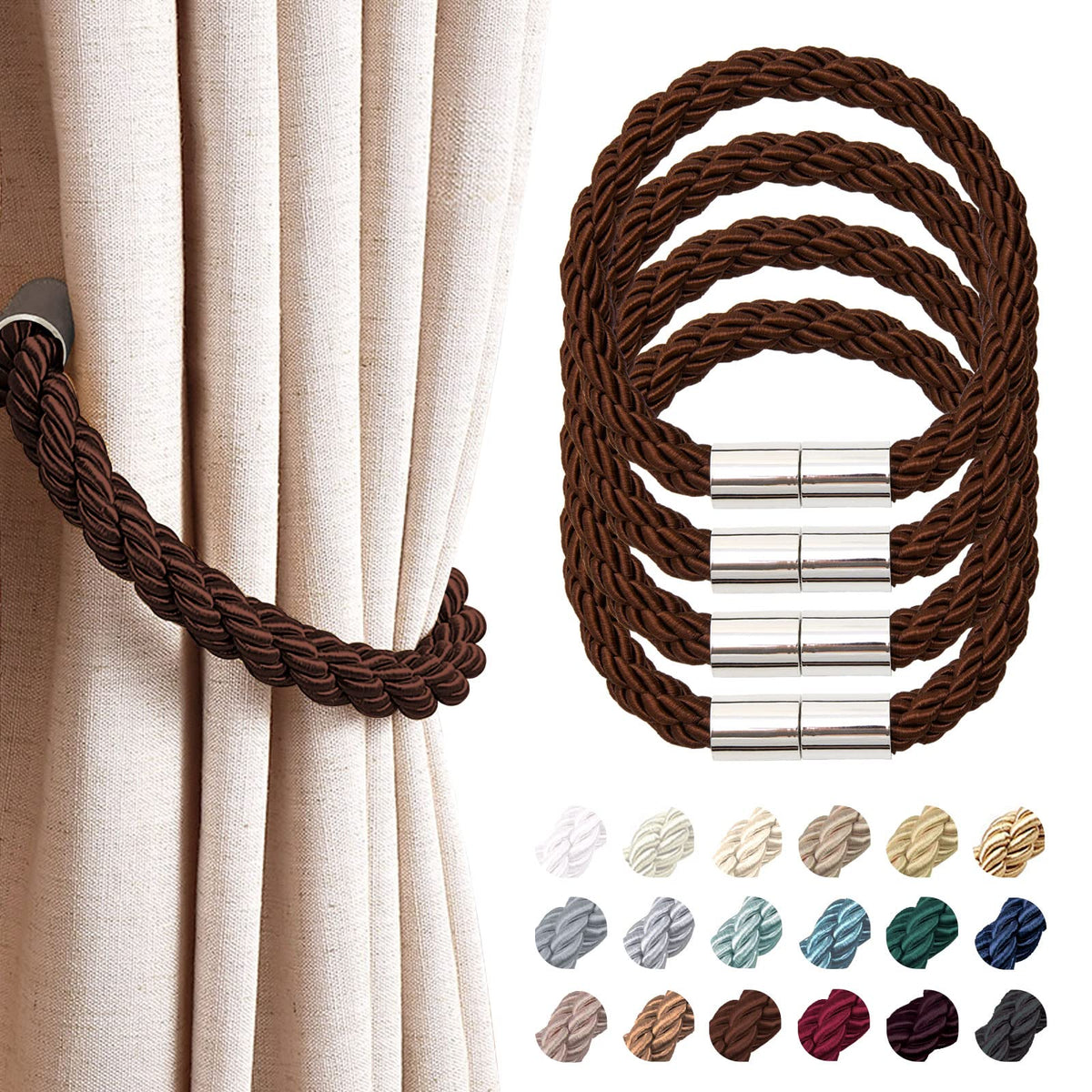 NICEEC 2 Pack Strong Magnetic Curtain Tiebacks Modern Simple Style Drape Tie Backs Convenient Decorative Weave Rope Curtain Holdbacks for Thin or Thick Home & Office Window Draperies (Beige)