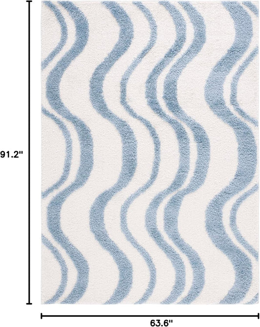 SAFAVIEH Norway Shag Collection Area Rug - 5'3" x 7'6", Blue & Ivory, Wave Design, Non-Shedding & Easy Care, 1.2-inch Thick Ideal for High Traffic Areas in Living Room, Bedroom (NOR210M)