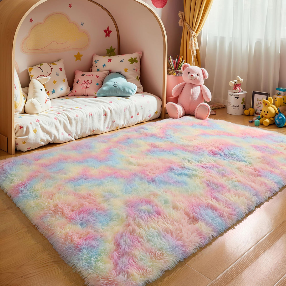 KICHOWUA 4x6 Fluffy Fuzzy Kids Shag Rainbow Rug for Girls Bedroom Playroom