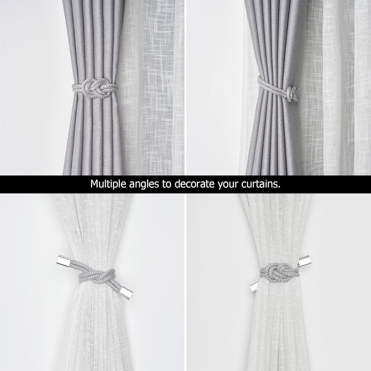 NICEEC 2 Pack Mini Magnetic Curtain Tiebacks Nordic Simple Style Drape Tie Backs Elegant Hand Weave Rope Knot Decorative Curtain Holdbacks for Home & Office Thin Window Drapery (Silver Grey)