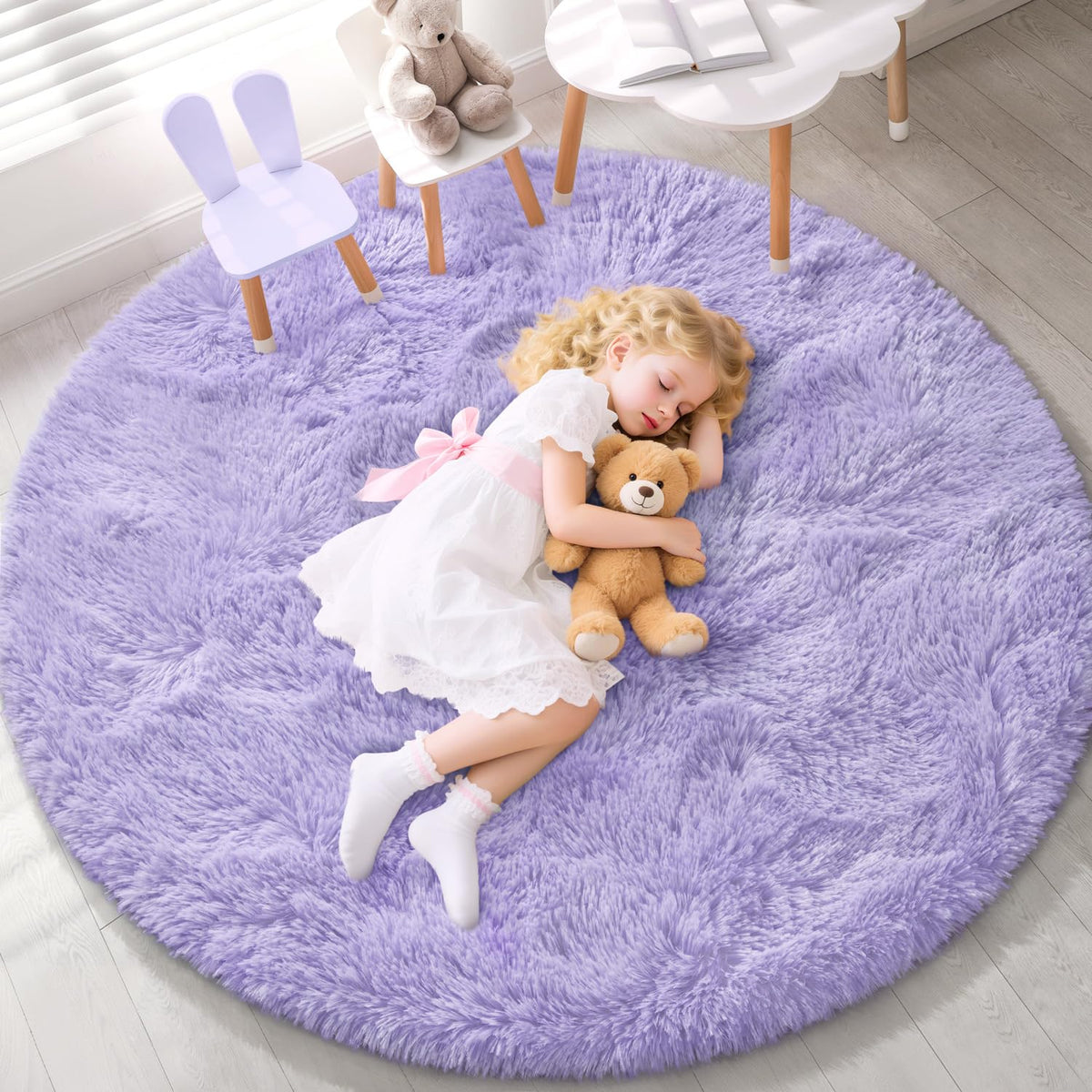 EVOIONOS Pink Round Rug for Bedroom, 4x4 Ft Fluffy Soft Circle Area Rugs for Living Room, Plush Shaggy Circular Carpet for Indoor Floor Bedside Girls Nursery, Machine-Washable Home Decor Aesthetic