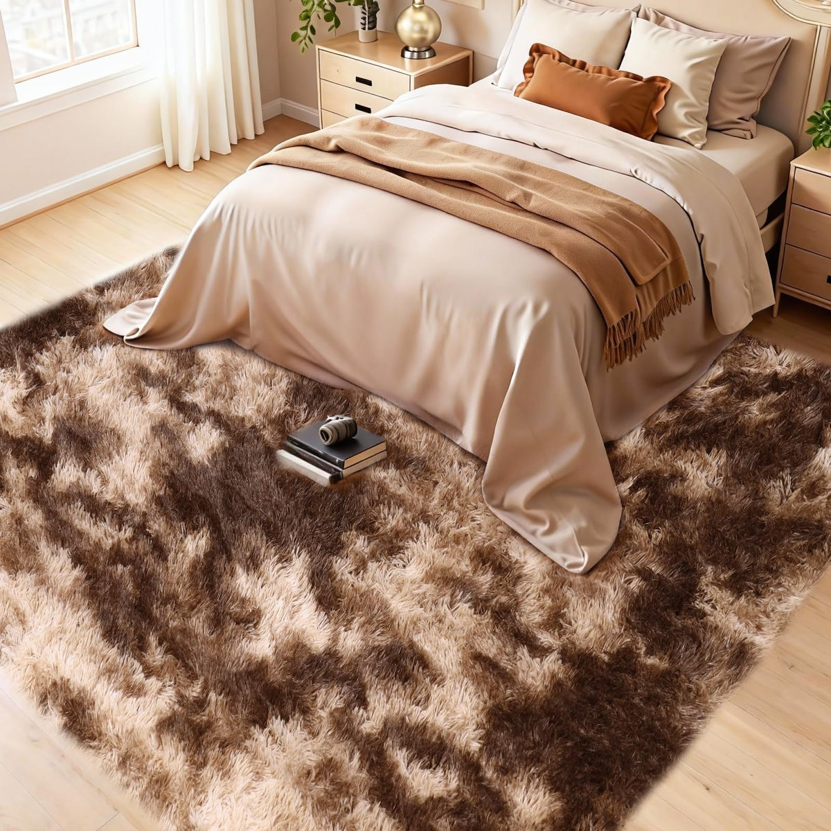8x10 Beige Fluffy Shag Area Rug, Non-Slip Soft Carpet for Home