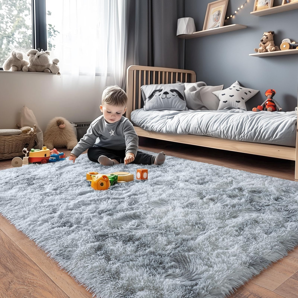 8x10 Area Rugs for Living Room, Large Ultra Fluffy Fuzzy Shag Rug for Bedroom, Modern Plush Soft High Pile Upgrade Non-Slip Carpet for Kids Girls and Boys Room Decor, Tie-Dyed Blue Grey