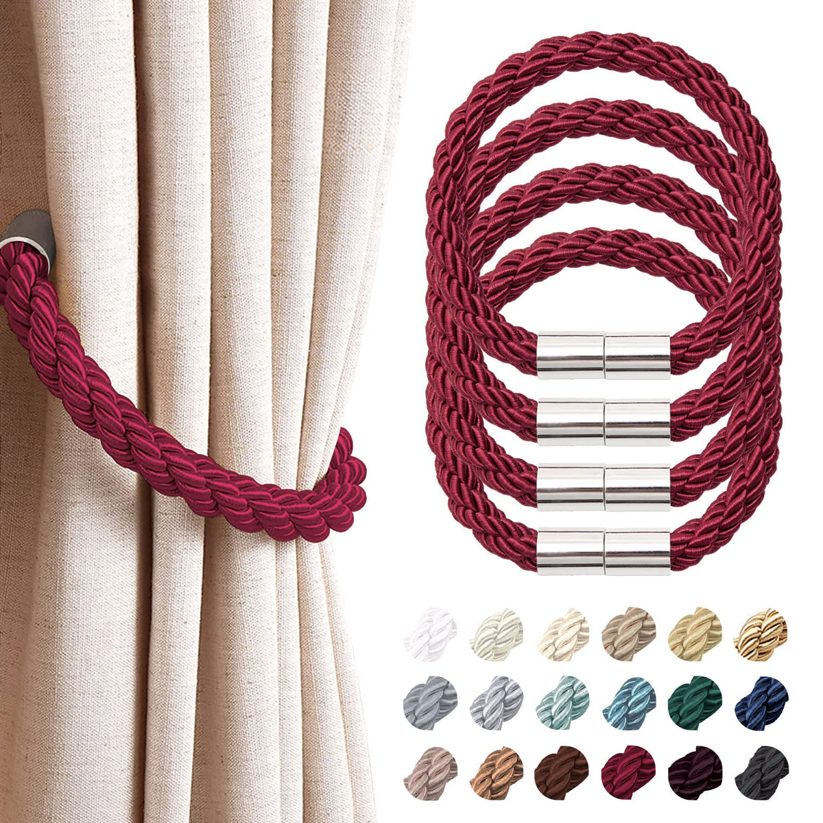 NICEEC 2 Pack Strong Magnetic Curtain Tiebacks Modern Simple Style Drape Tie Backs Convenient Decorative Weave Rope Curtain Holdbacks for Thin or Thick Home & Office Window Draperies (Beige)