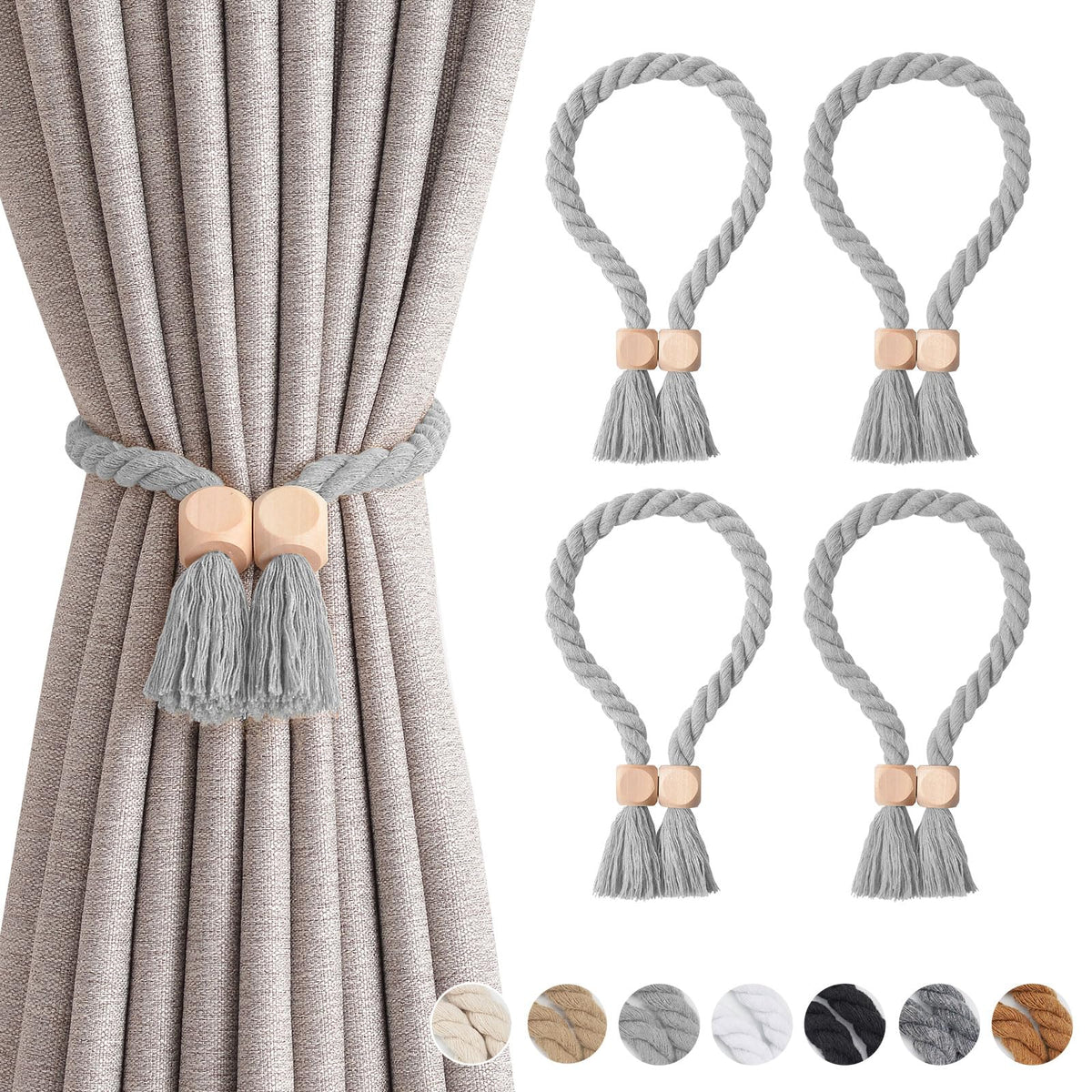 NICEEC 2 Pack Wooden Ball Magnetic Curtain Tiebacks Boho Home Decor Drape Tie Backs Natural Cotton Hand Woven Rope Curtain Holdbacks for Thin & Thick Home & Office Window Draperies (Beige)