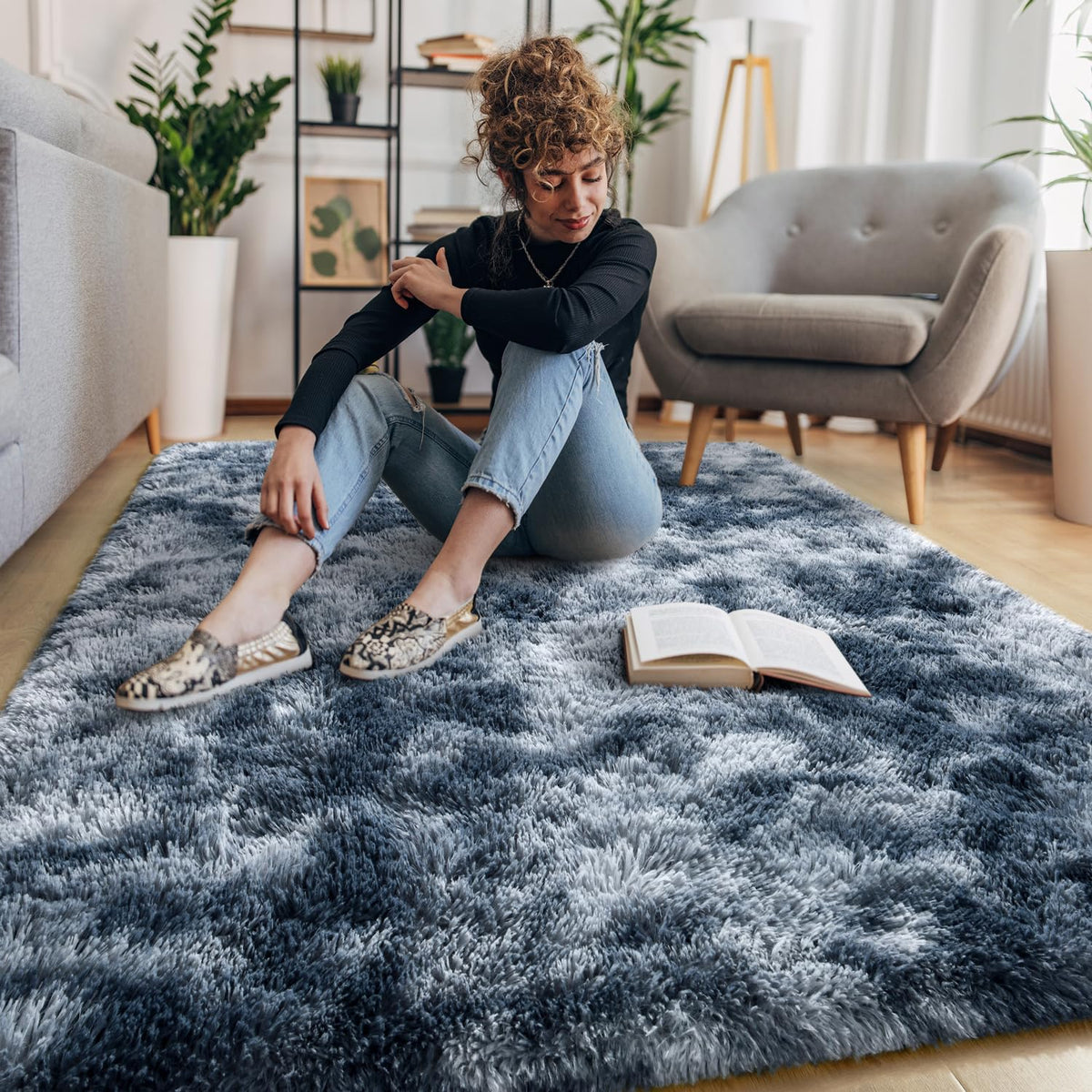 EVOIONOS Area Rug for Bedroom Living Room, Machine Washable 5x7 Fluffy Shag Rug, Soft Plush Non Slip Carpet for Indoor Floor Bedside Nursery Kids Girls Room Dorm, Home Decor Aesthetic, ‌Tie-Dye Camel