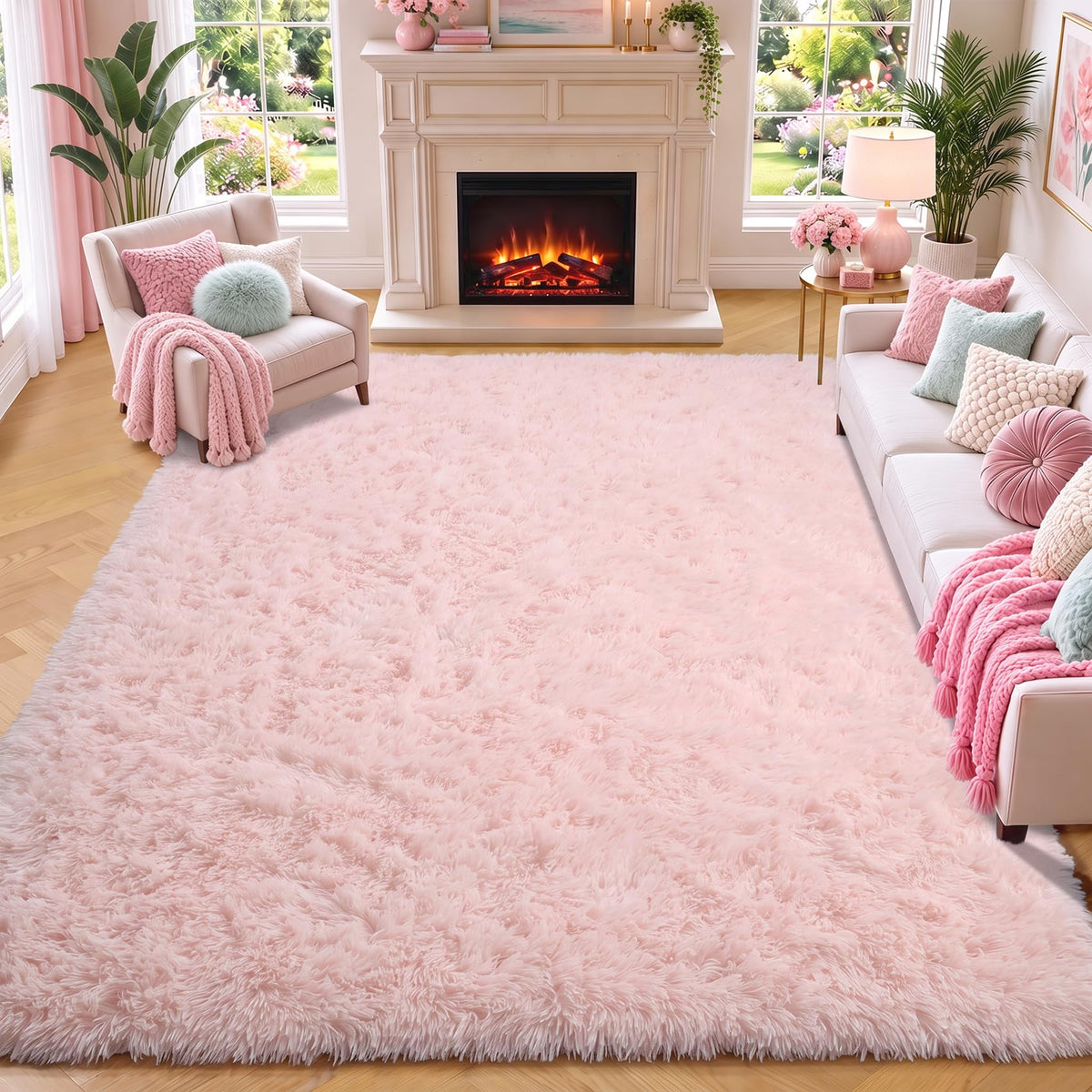 Light Pink Fluffy Round Rug Circle Area Rugs 4ft for Girls Kids Bedroom