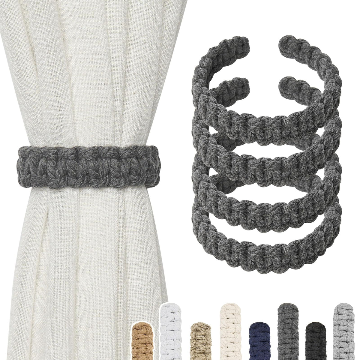 NICEEC 2 Pack Natural Cotton Rope Curtain Tiebacks Farmhouse Rustic Style Decorative Drape Tie Backs Handmade Braided Curtain Holdbacks for Home & Office Sheer/Light Weight Drapery (C-White-S)