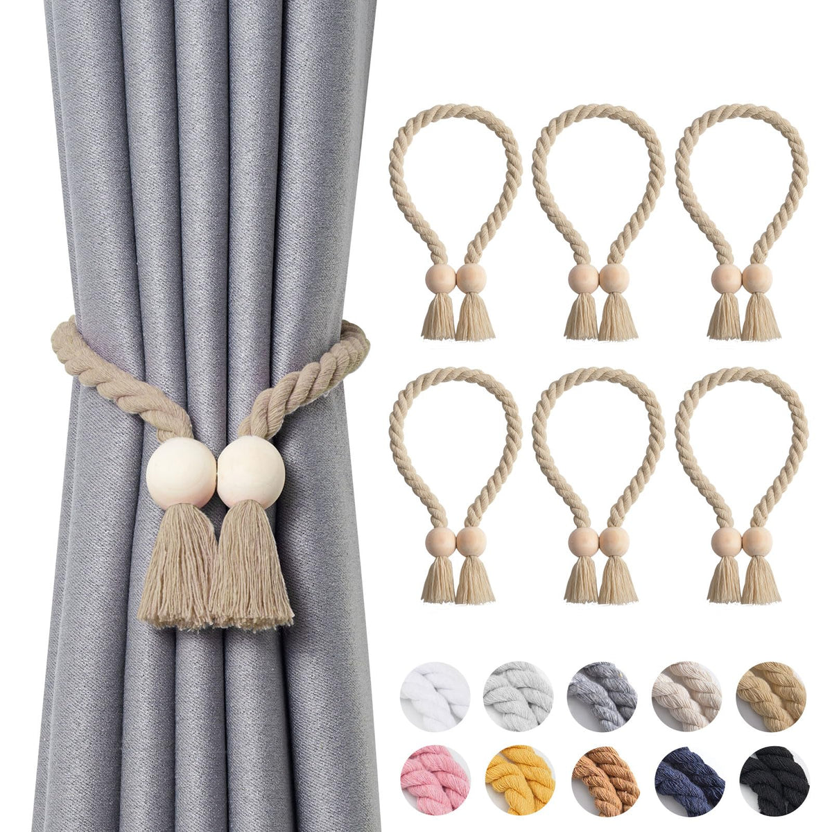 NICEEC 2 Pack Wooden Ball Magnetic Curtain Tiebacks Boho Home Decor Drape Tie Backs Natural Cotton Hand Woven Rope Curtain Holdbacks for Thin & Thick Home & Office Window Draperies (Beige)