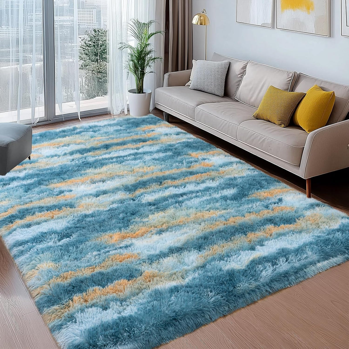 9x12 Large Shag Rugs for Living Room, Washable Abstract Blue Yellow