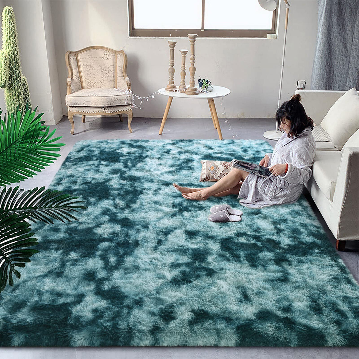 DweIke Fluffy Blue Shag Rugs for Bedroom Living Room, 4x6 Feet Soft Plush Tie-Dyed Light SkyBlue Girls Boys Kids Rug, Upgraded Non-Slip and Machine Washable Carpet for Dorm Nursery Classroom Decor