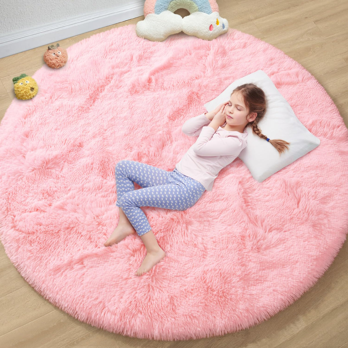 EVOIONOS Pink Round Rug for Bedroom, 4x4 Ft Fluffy Soft Circle Area Rugs for Living Room, Plush Shaggy Circular Carpet for Indoor Floor Bedside Girls Nursery, Machine-Washable Home Decor Aesthetic