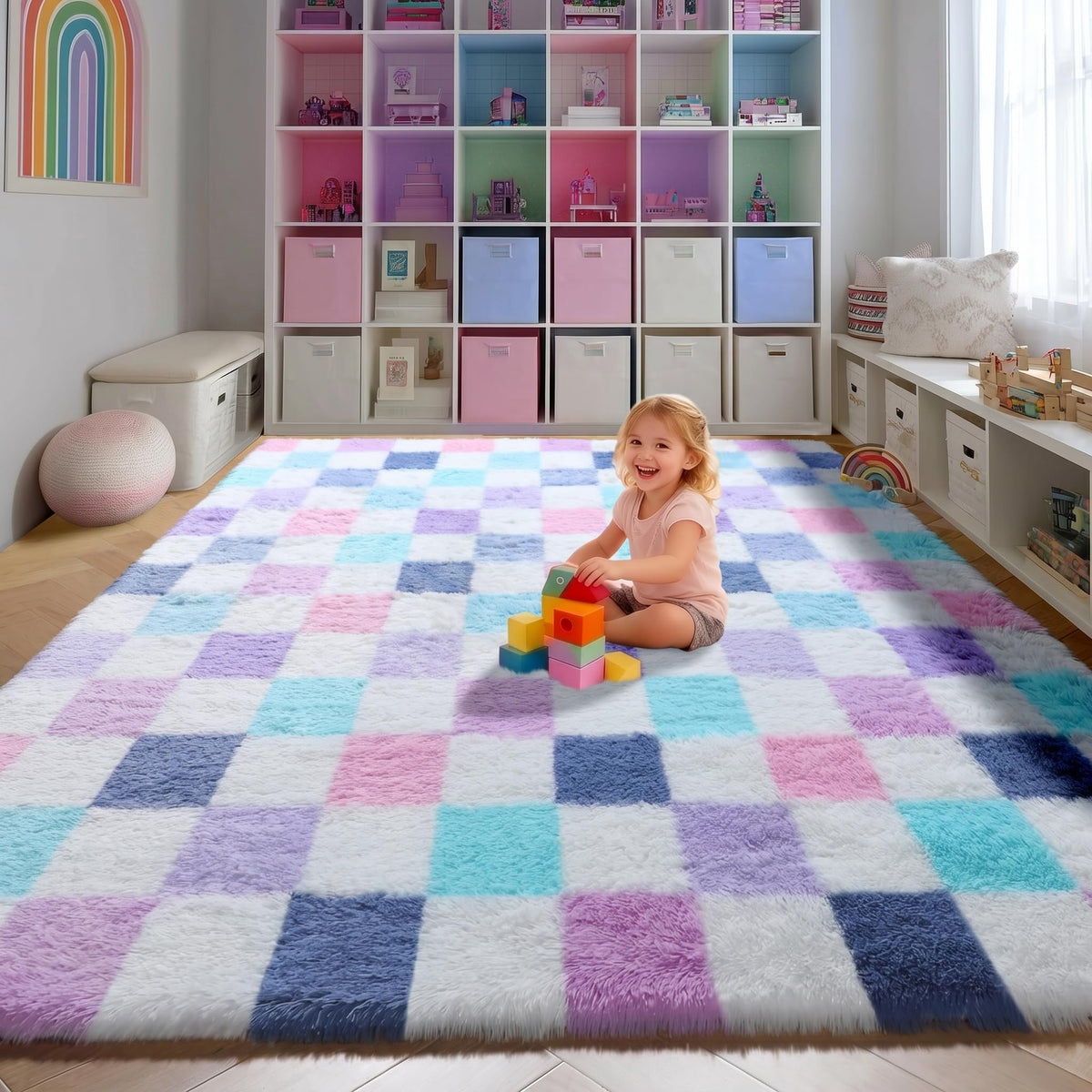 KICMOR Area Rugs 8x10 for Living Room, Large Fluffy Beige and Cream White Checkered Rug Big Fuzzy Shag Shaggy Carpets for Bedroom, Soft Plush Furry Rug for Boy Girls Room Dorm Home Decor Aesthetic