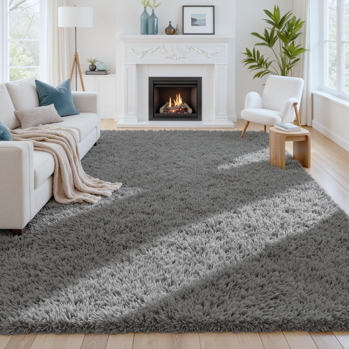 8x10 Fluffy Shag Area Rugs for Living Room Bedroom: Soft Carpet Gray Camel