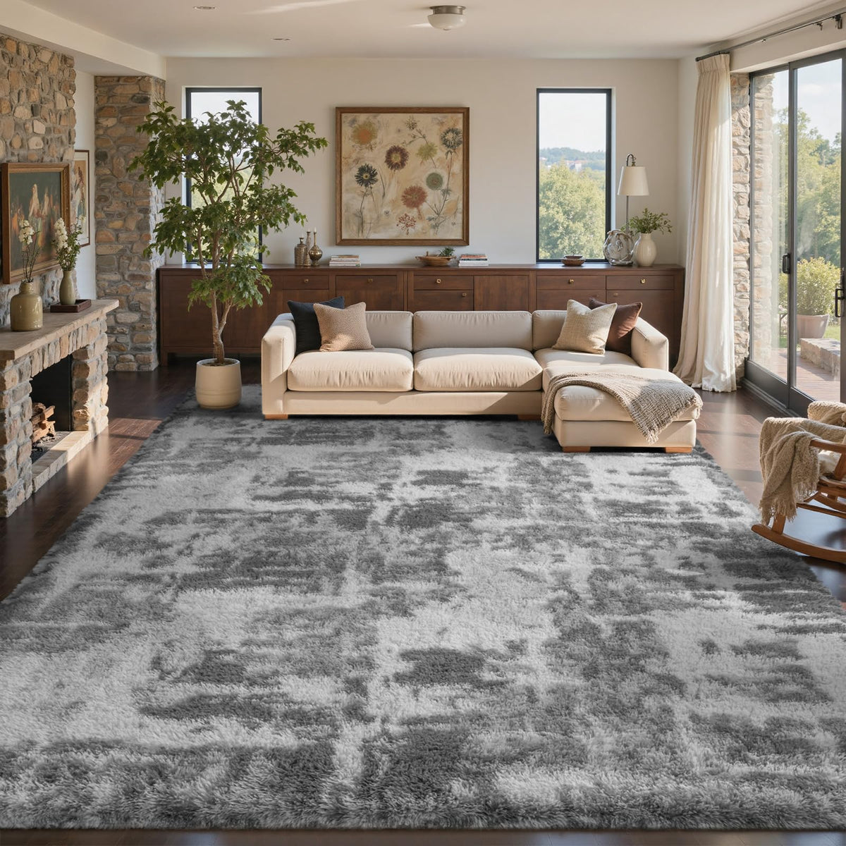 8x10 Ft Extra Large Shag Rugs for Living Room, Tie Dyed Ultra Soft Fluffy Furry Area Rugs for Bedroom Indoor Floor, Aesthetic Carpet for Kids Home Decor (Dark Grey)