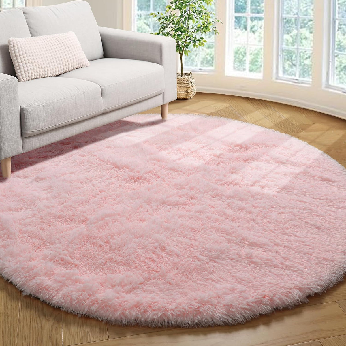 Light Pink Fluffy Round Rug Circle Area Rugs 4ft for Girls Kids Bedroom