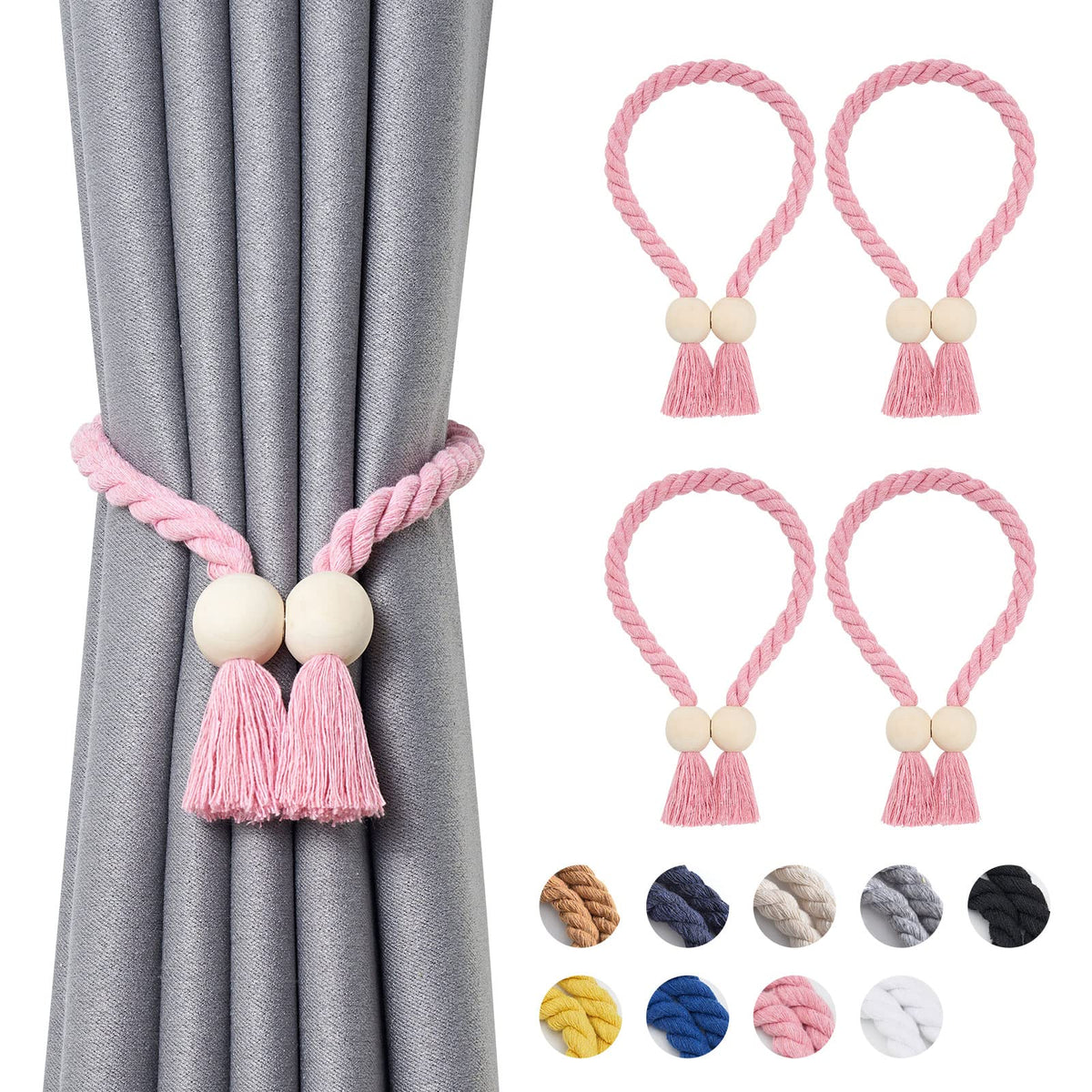 NICEEC 2 Pack Wooden Ball Magnetic Curtain Tiebacks Boho Home Decor Drape Tie Backs Natural Cotton Hand Woven Rope Curtain Holdbacks for Thin & Thick Home & Office Window Draperies (Beige)