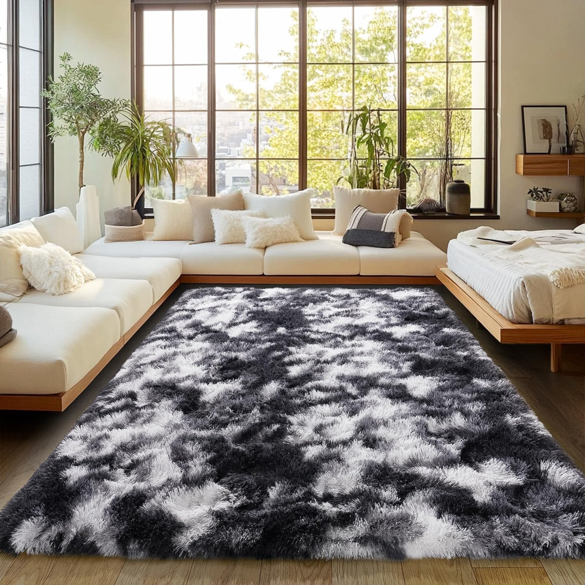 Large Living Room Area Rug 9x12Ft Shaggy Carpet Fuzzy Carpet Tie Dye Camel