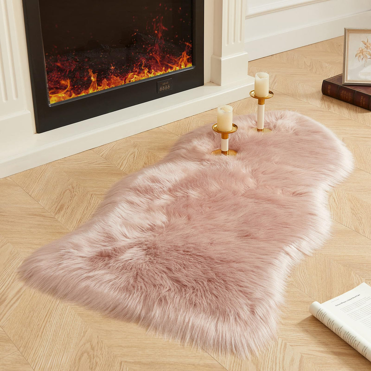 AMTOVO Faux Sheepskin Rug, Beige Ultra Soft Fluffy Shag Area Rug, 2 x 6 ft Faux Fur Rug for Bedroom Sofa Throw Cushion Room Decor, Sheepskin