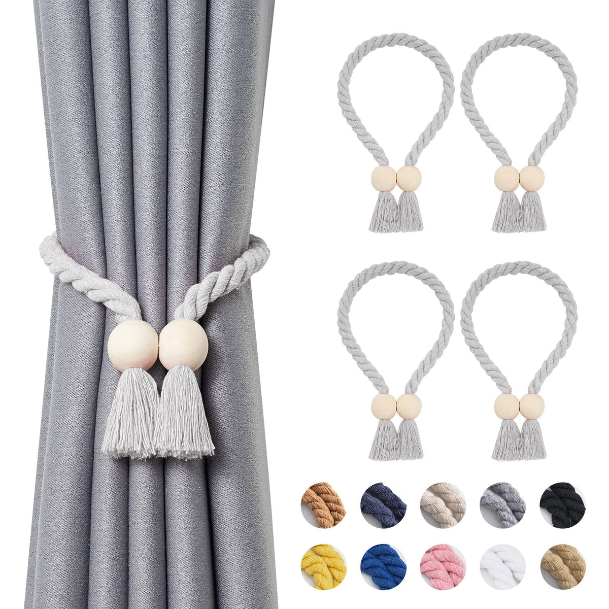 NICEEC 2 Pack Wooden Ball Magnetic Curtain Tiebacks Boho Home Decor Drape Tie Backs Natural Cotton Hand Woven Rope Curtain Holdbacks for Thin & Thick Home & Office Window Draperies (Beige)
