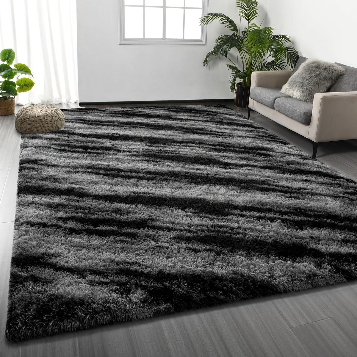 Deerhoo Large Shag Area Rugs 6 x 9, Tie-Dyed Plush Fuzzy Rugs, Dark Grey