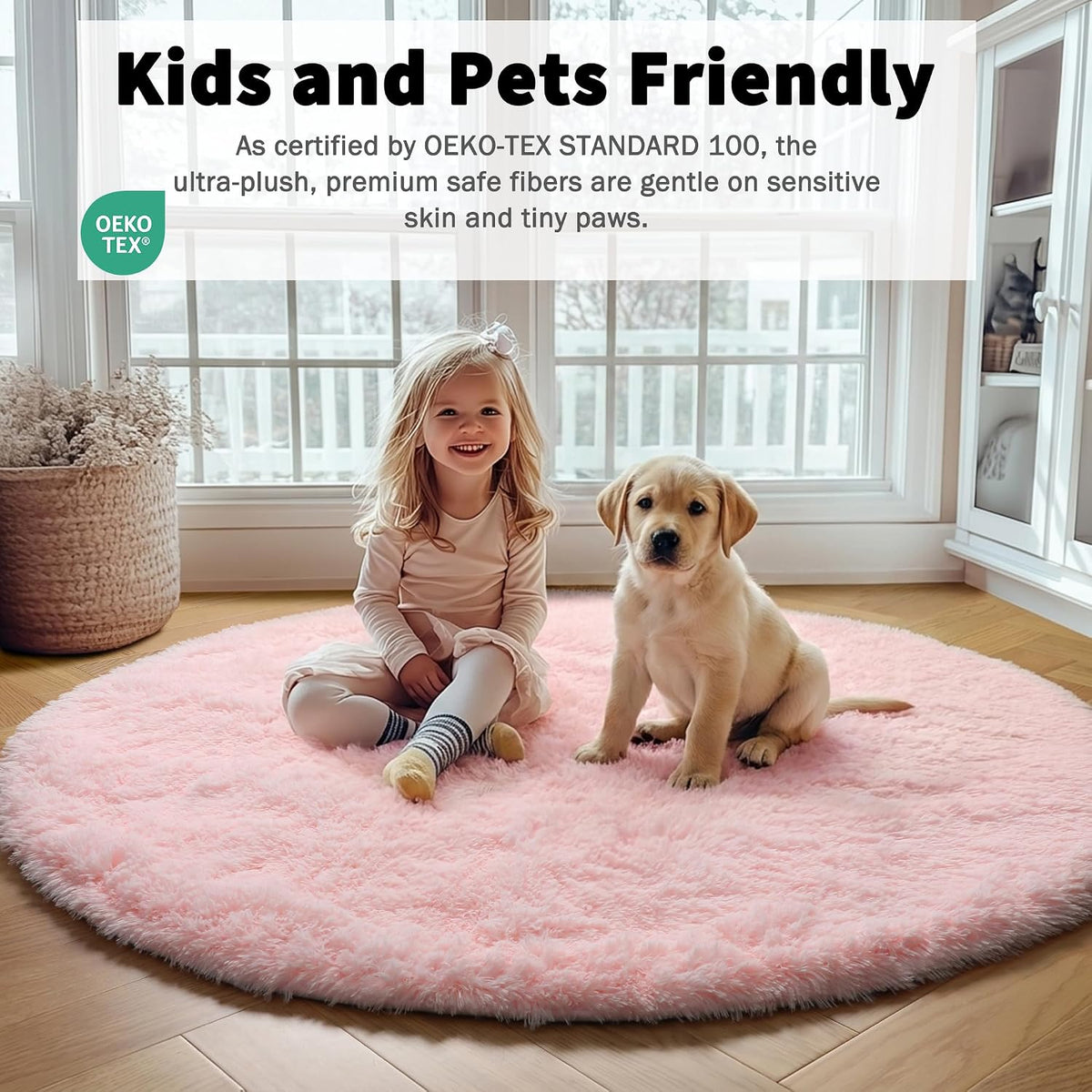 Light Pink Fluffy Round Rug Circle Area Rugs 4ft for Girls Kids Bedroom