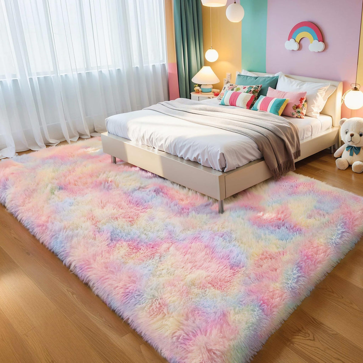 KICHOWUA 4x6 Fluffy Fuzzy Kids Shag Rainbow Rug for Girls Bedroom Playroom