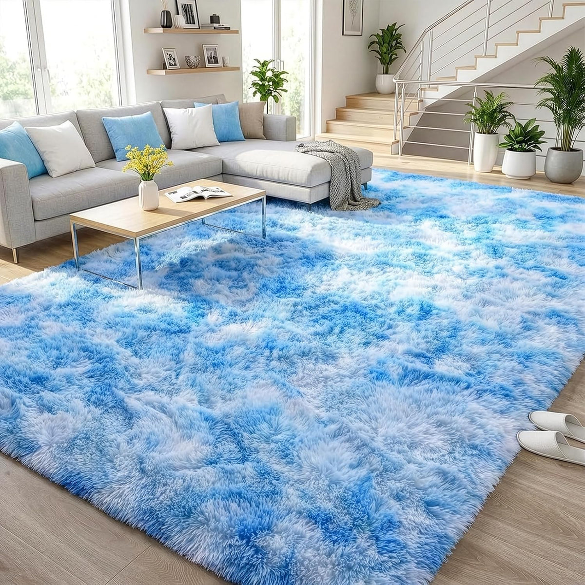 DweIke Fluffy Blue Shag Rugs for Bedroom Living Room, 4x6 Feet Soft Plush Tie-Dyed Light SkyBlue Girls Boys Kids Rug, Upgraded Non-Slip and Machine Washable Carpet for Dorm Nursery Classroom Decor