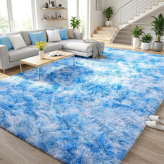 DweIke Fluffy Blue Shag Rugs for Bedroom Living Room, 4x6 Feet Soft Plush Tie-Dyed Light SkyBlue Girls Boys Kids Rug, Upgraded Non-Slip and Machine Washable Carpet for Dorm Nursery Classroom Decor