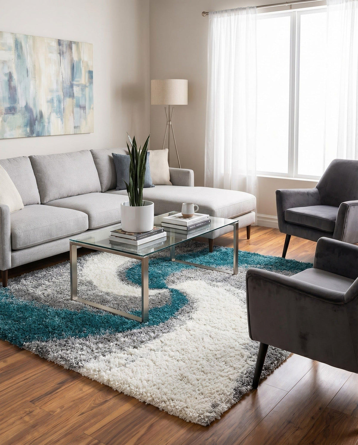 Rugs.com - Soft Touch Shag Rug – 4' 1 x 6' 1 Khaki Shag Rug – Plush Abstract Design for Bedrooms, Living Rooms, and Home Offices