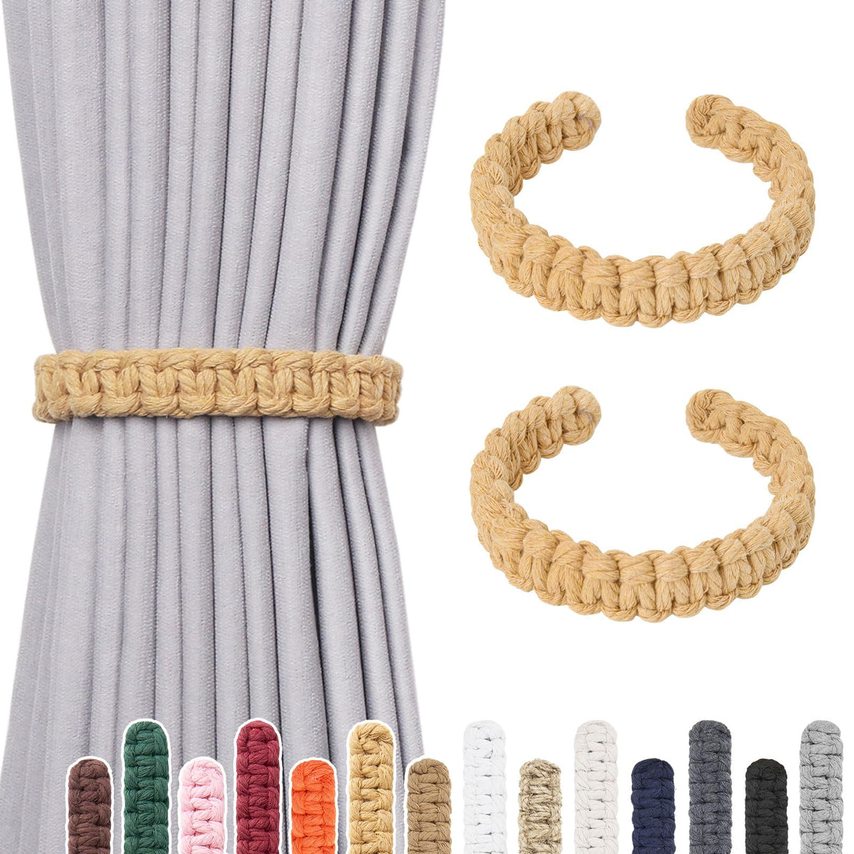NICEEC 2 Pack Natural Cotton Rope Curtain Tiebacks Farmhouse Rustic Style Decorative Drape Tie Backs Handmade Braided Curtain Holdbacks for Home & Office Sheer/Light Weight Drapery (C-White-S)